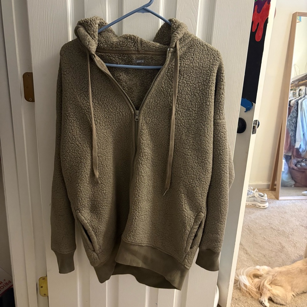 Aerie Tan Zip Up Sweater with Cozy Sherpa Texture